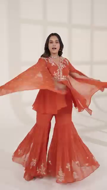 Burnt Orange Cape Style Sharara Set with Embroidery - Image 7
