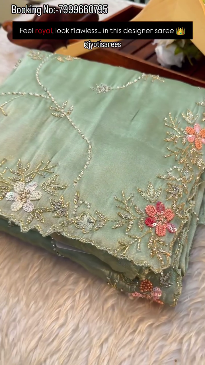 Ivory Pearl Floral Embroidered Designer Saree - Image 2