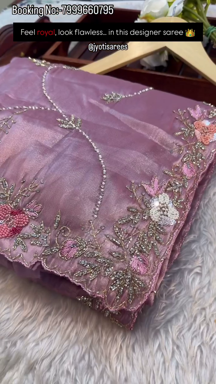 Ivory Pearl Floral Embroidered Designer Saree - Image 3