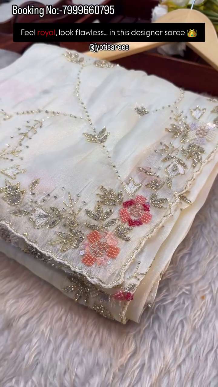 Ivory Pearl Floral Embroidered Designer Saree - Image 4