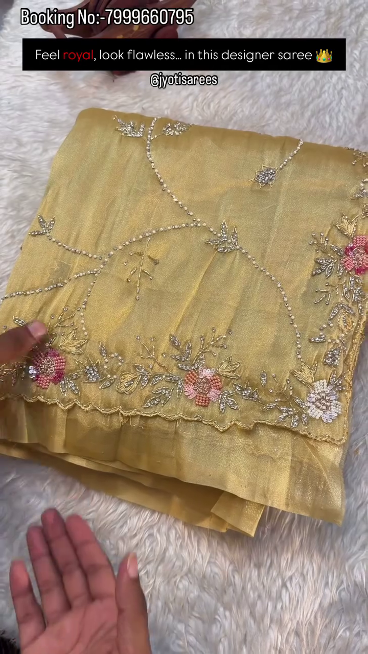 Ivory Pearl Floral Embroidered Designer Saree - Image 5