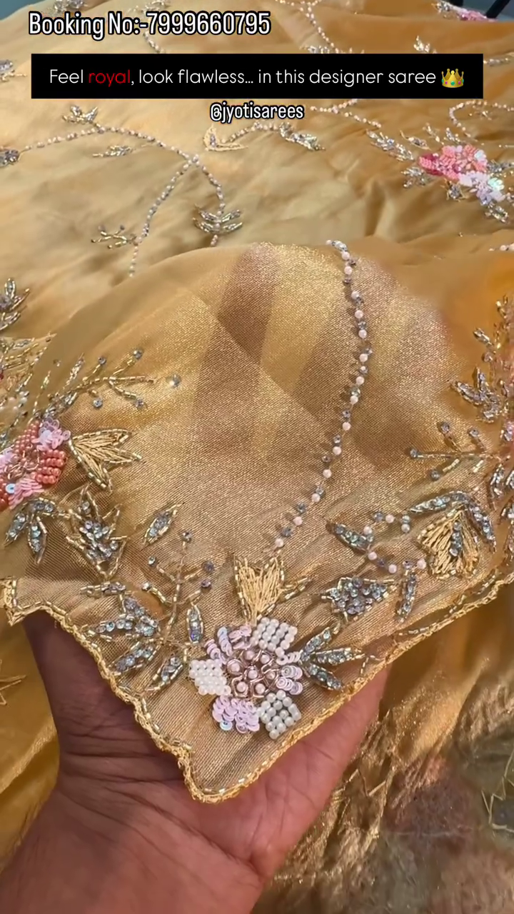 Ivory Pearl Floral Embroidered Designer Saree - Image 7