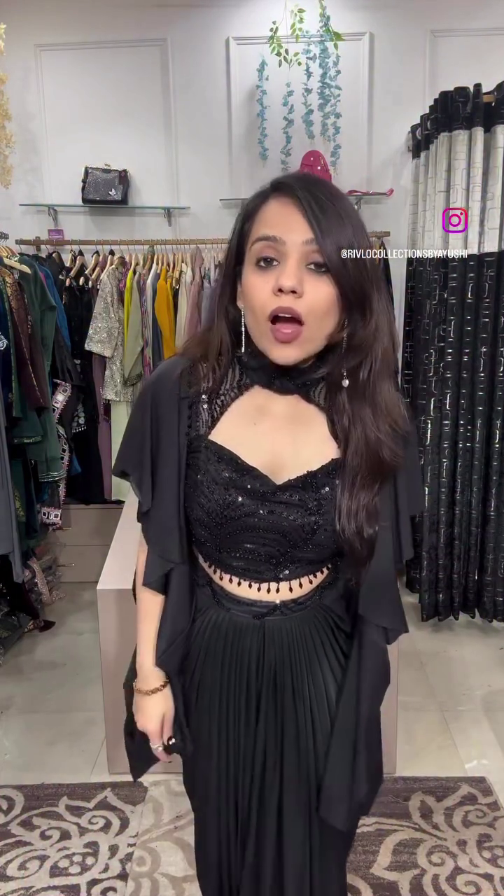 Black Sequin Co-ord Set with Pleated Skirt & Attached Drape - Image 2