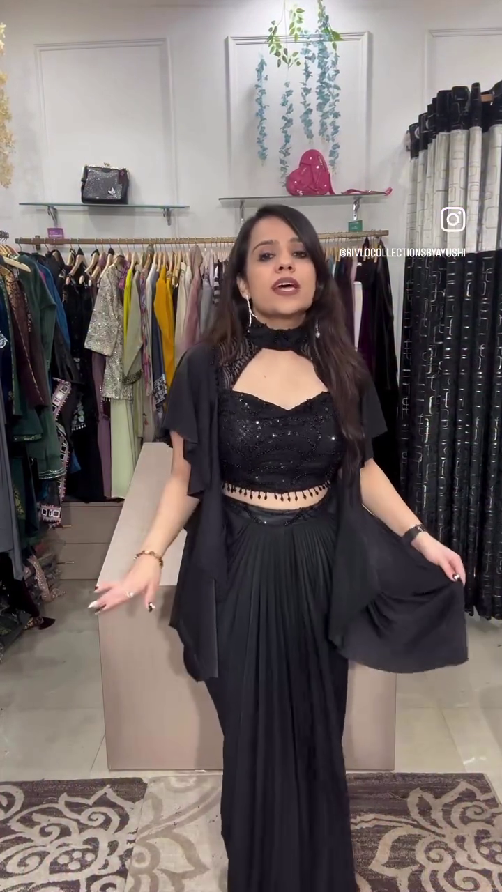 Black Sequin Co-ord Set with Pleated Skirt & Attached Drape - Image 3