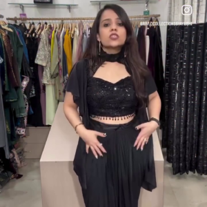 Black Sequin Co-ord Set with Pleated Skirt & Attached Drape