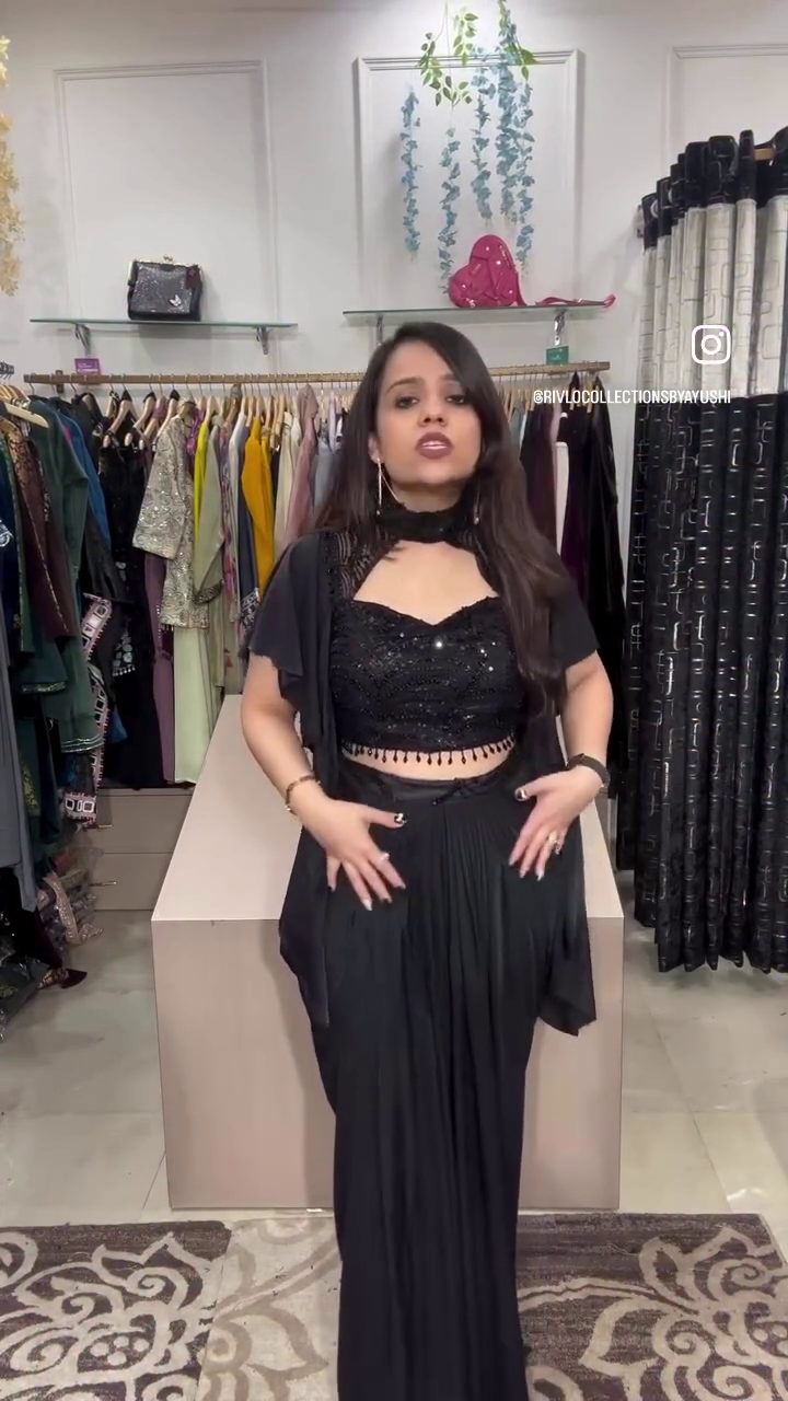 Black Sequin Co-ord Set with Pleated Skirt & Attached Drape