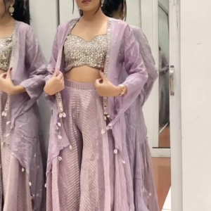 Lavender Mirror Work Co-ord Set with Flared Pants & Cape Jacket