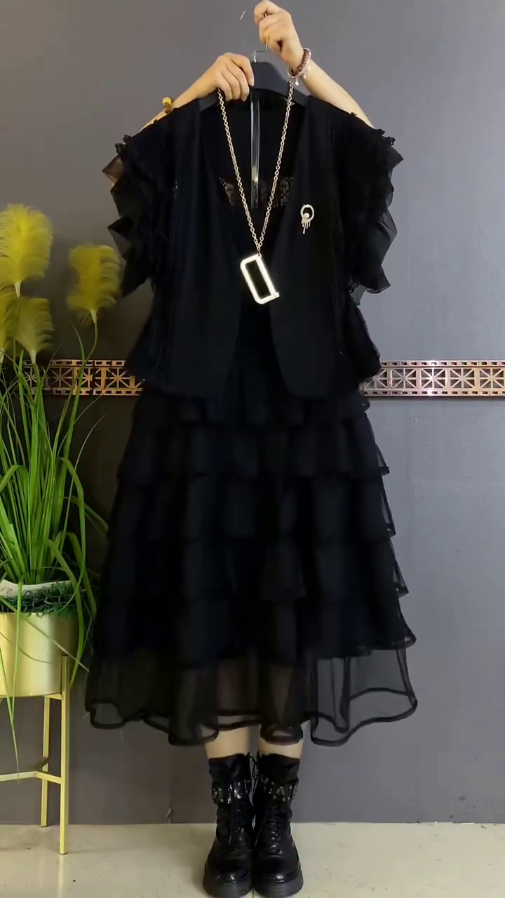 Black Ruffle Layered Midi Dress with Shrug & Statement Chain