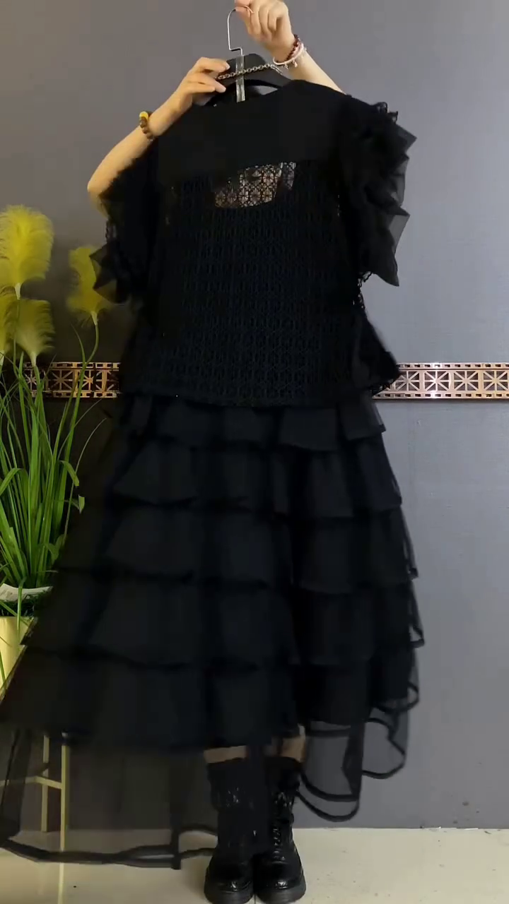 Black Ruffle Layered Midi Dress with Shrug & Statement Chain - Image 3