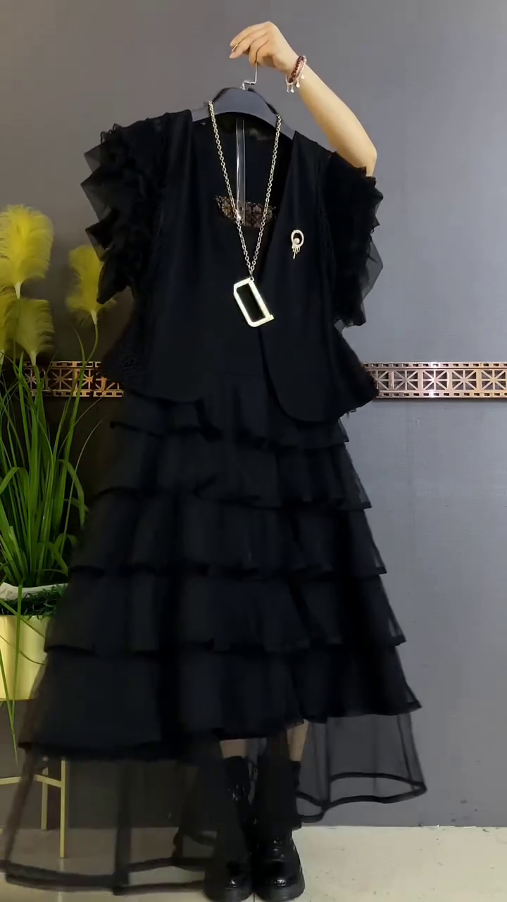 Black Ruffle Layered Midi Dress with Shrug & Statement Chain - Image 4