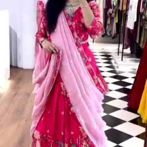 Elegant Pink Floral Printed Lehenga Set with Embroidered Dupatta