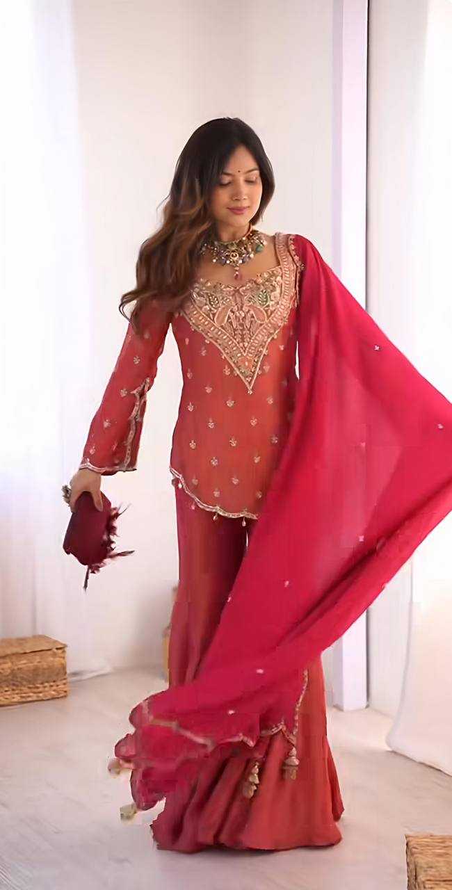 Crimson Red Embroidered Georgette Palazzo Suit with Dupatta - Image 3
