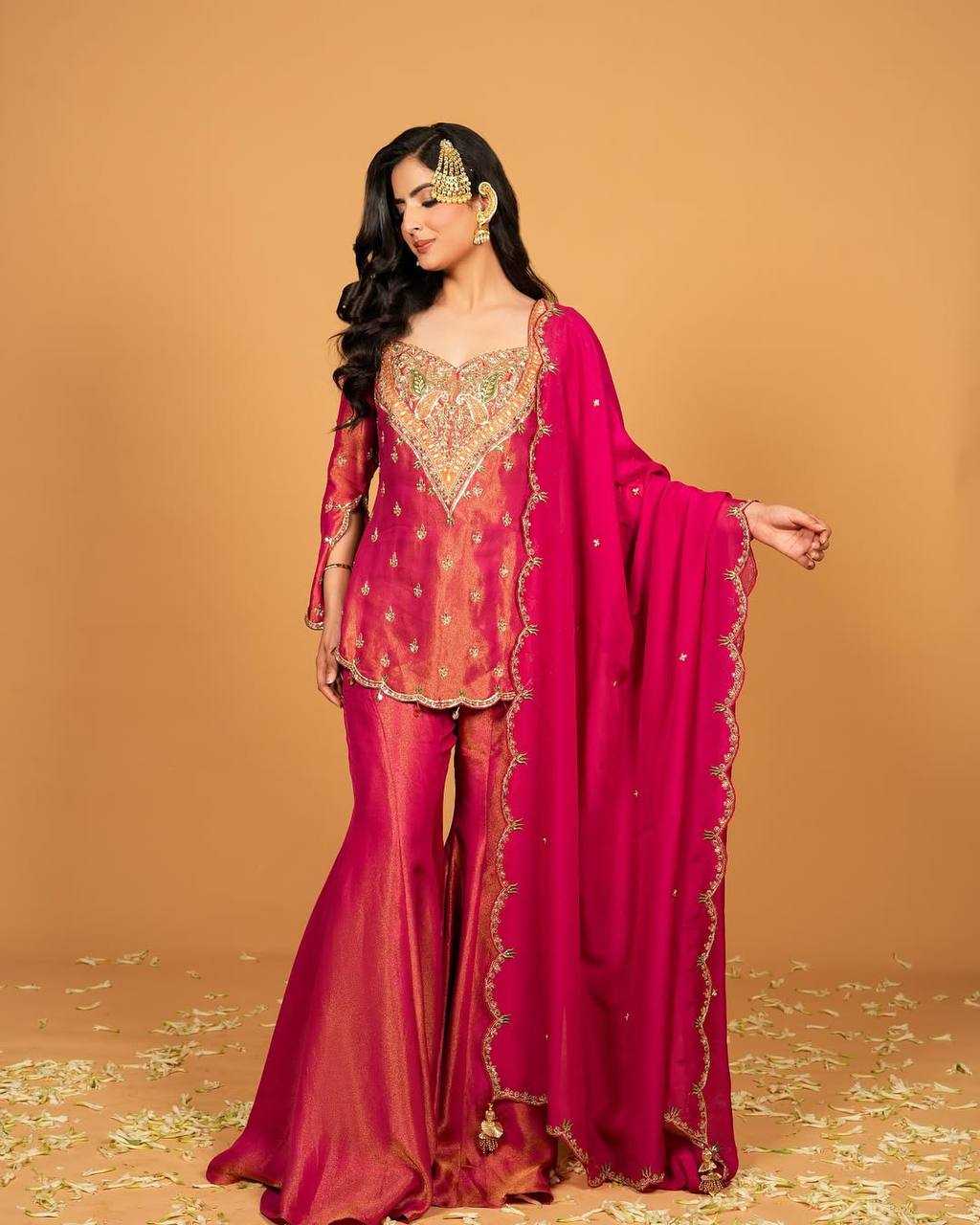 Crimson Red Embroidered Georgette Palazzo Suit with Dupatta - Image 5