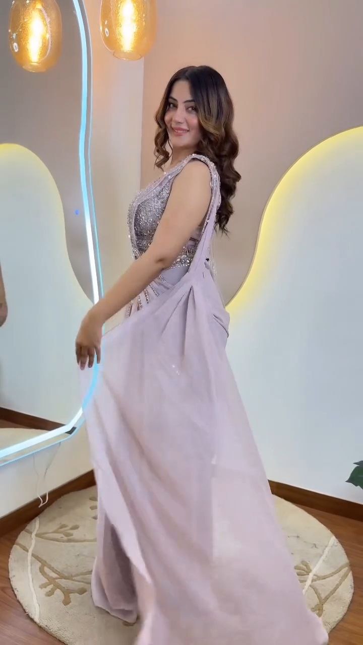 Silver Grey Embellished Designer Saree with Belt - Image 2