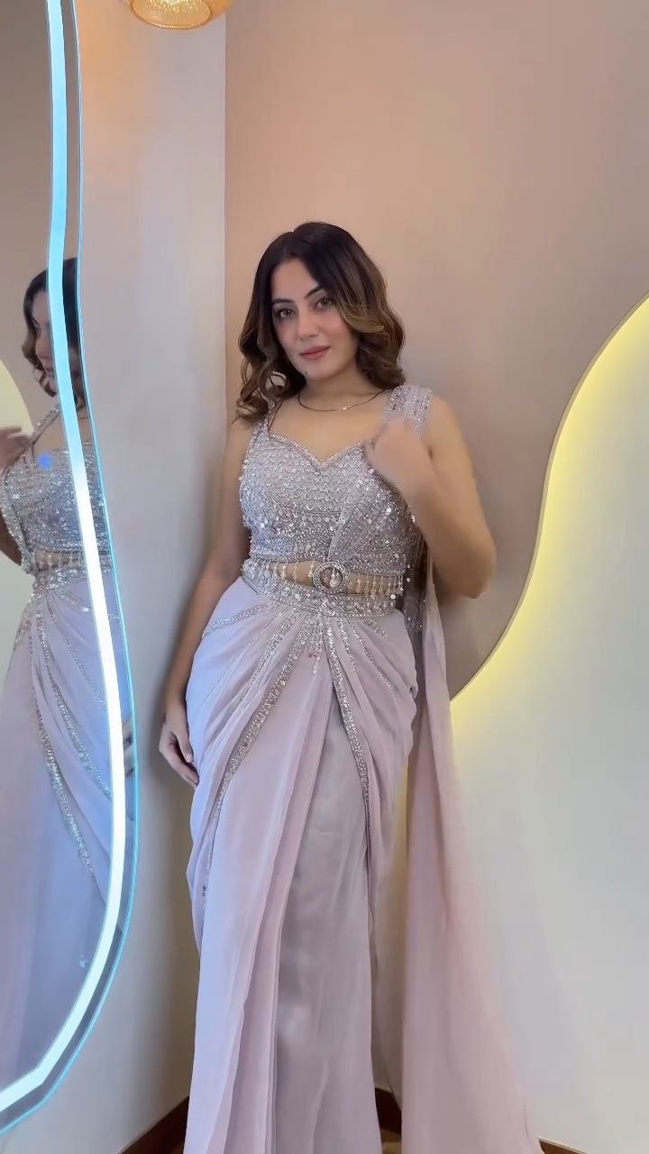 Silver Grey Embellished Designer Saree with Belt - Image 3