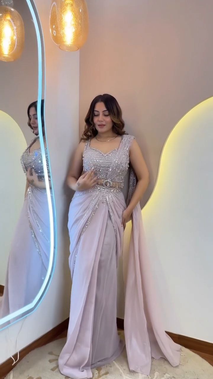 Silver Grey Embellished Designer Saree with Belt