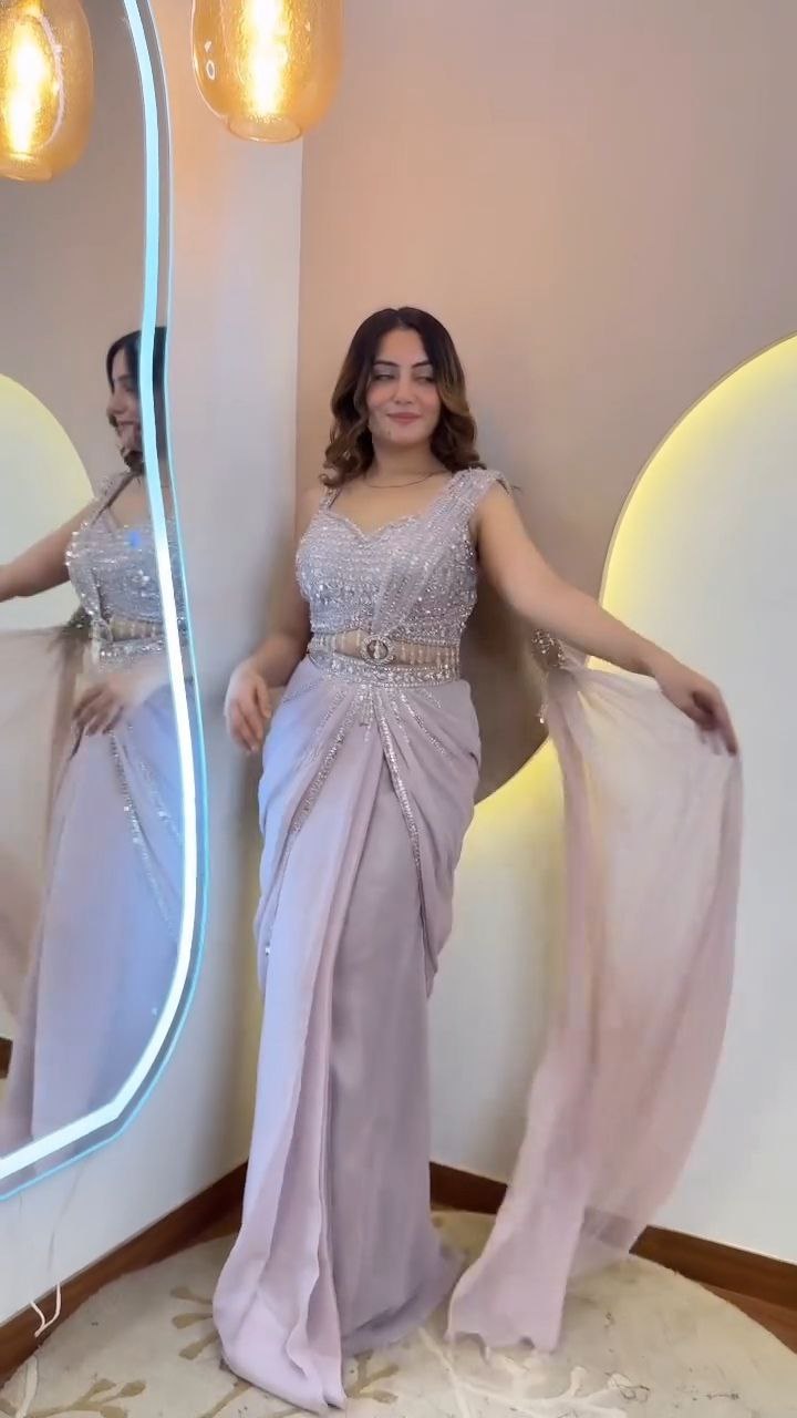 Silver Grey Embellished Designer Saree with Belt - Image 4