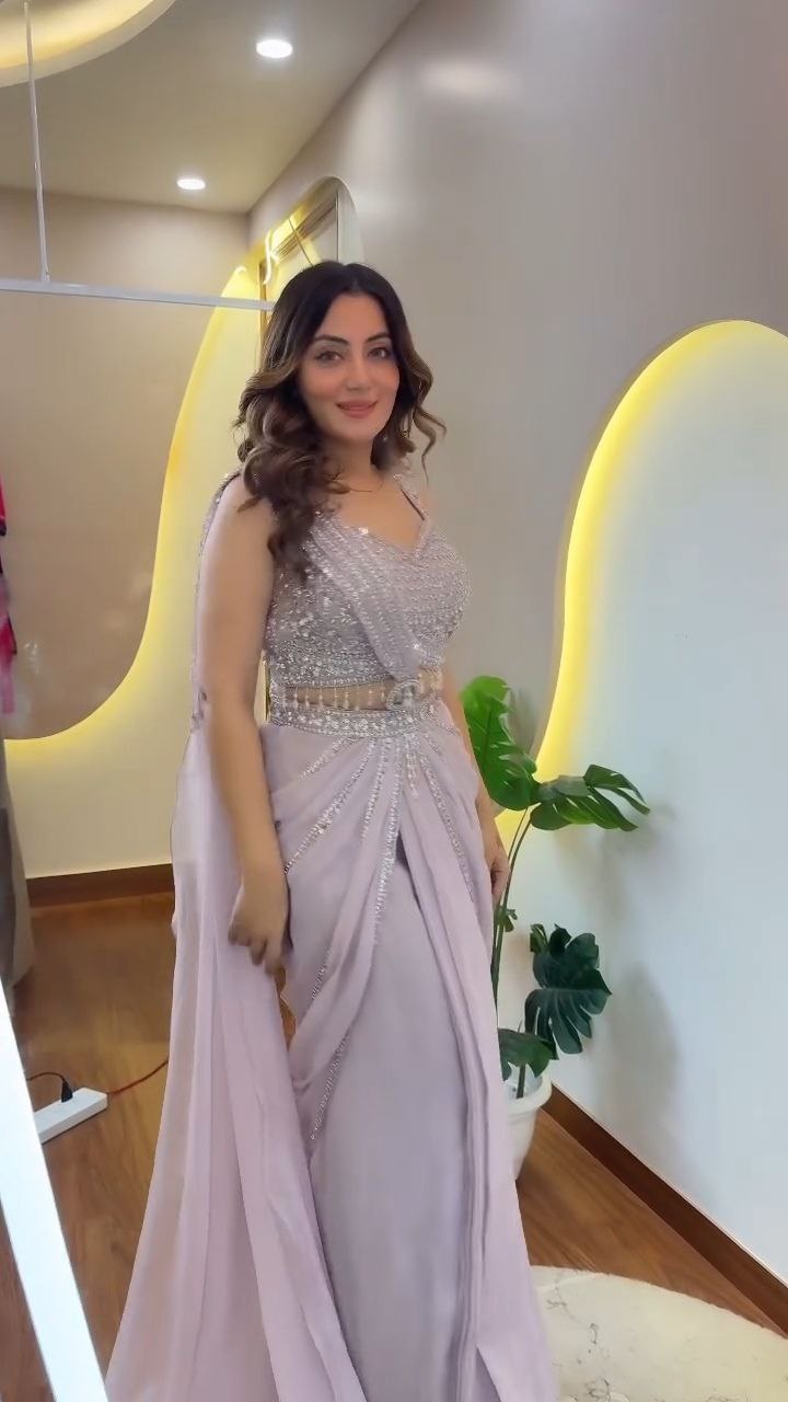 Silver Grey Embellished Designer Saree with Belt - Image 6