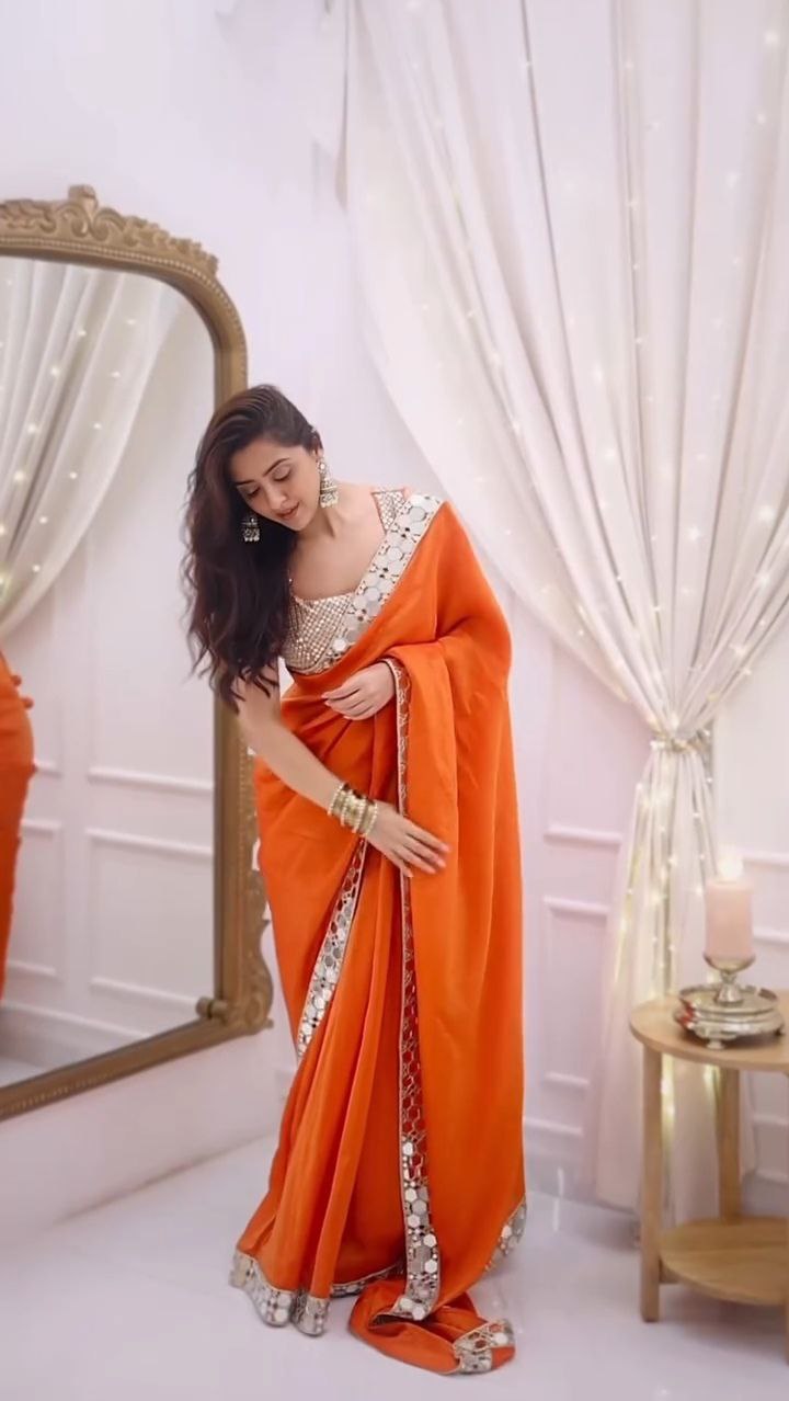 Orange Mirror Work Designer Saree with Embellished Blouse - Image 2