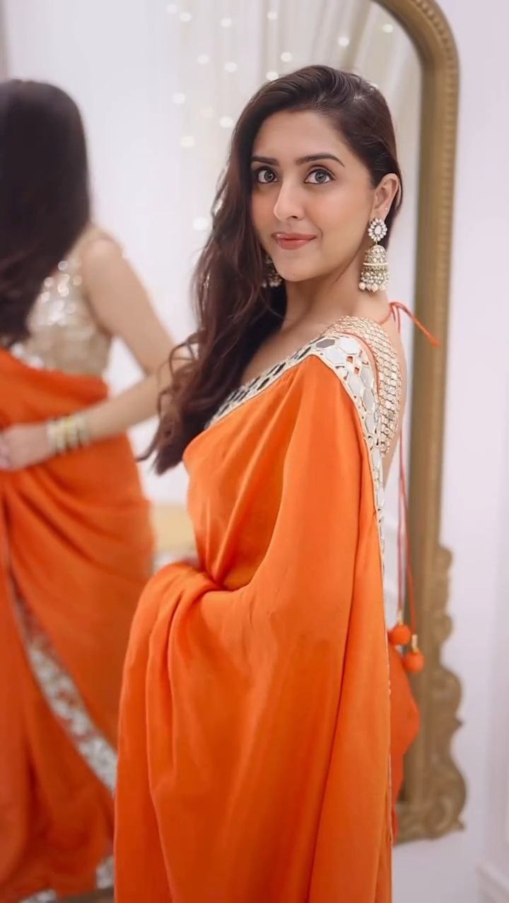 Orange Mirror Work Designer Saree with Embellished Blouse - Image 3