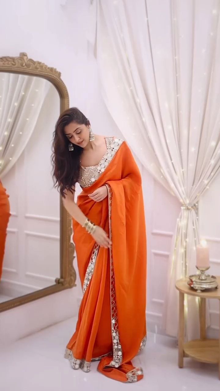 Orange Mirror Work Designer Saree with Embellished Blouse - Image 4