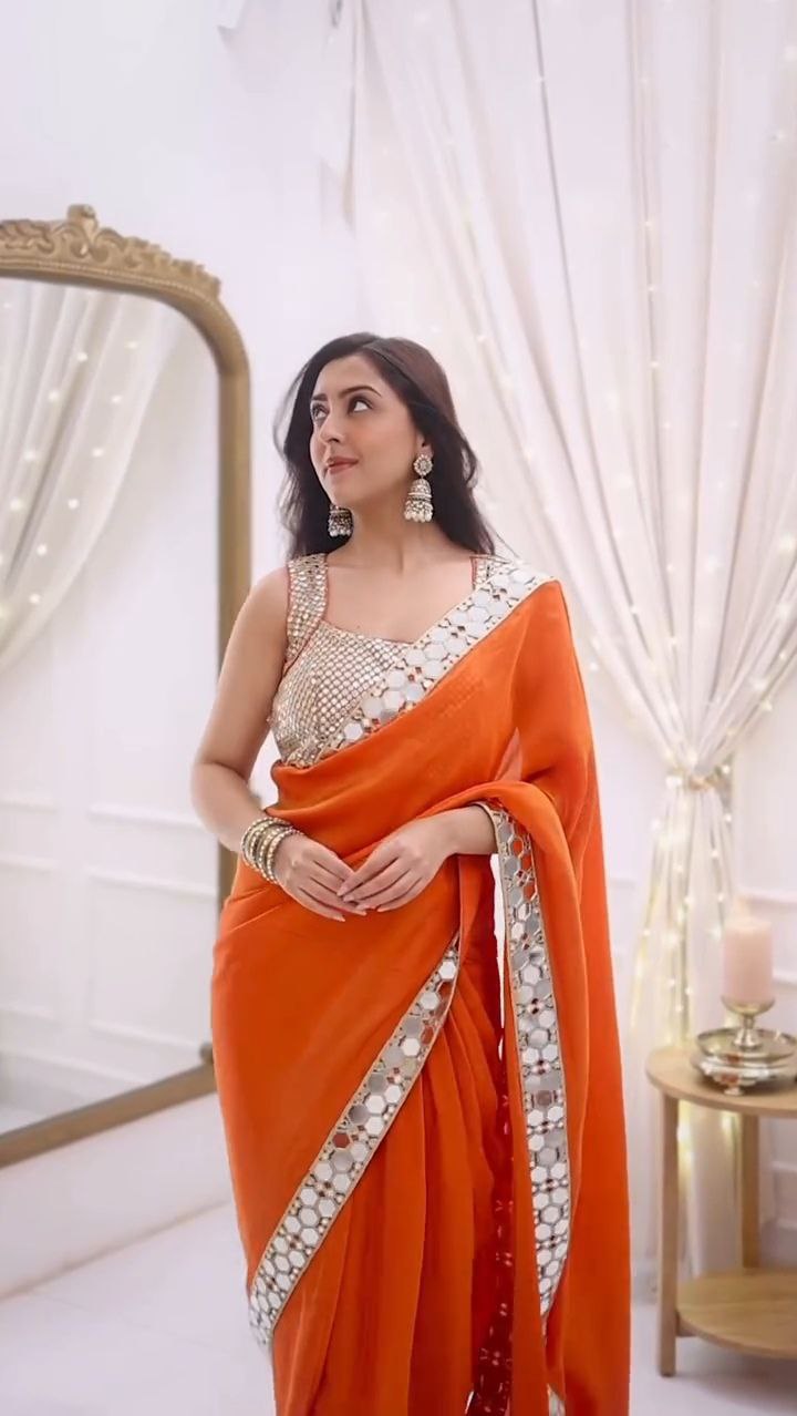 Orange Mirror Work Designer Saree with Embellished Blouse - Image 6