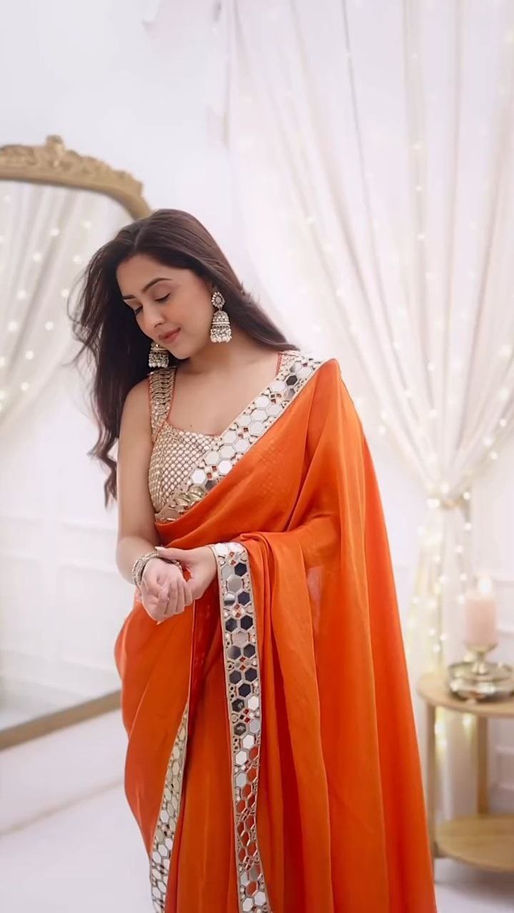 Orange Mirror Work Designer Saree with Embellished Blouse - Image 7
