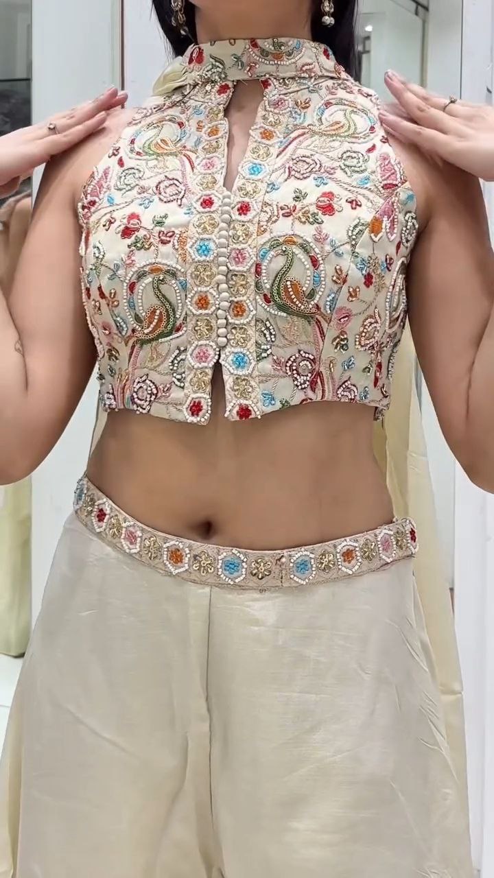 Ivory Embroidered Halter Neck Palazzo Set with Dupatta - Image 2