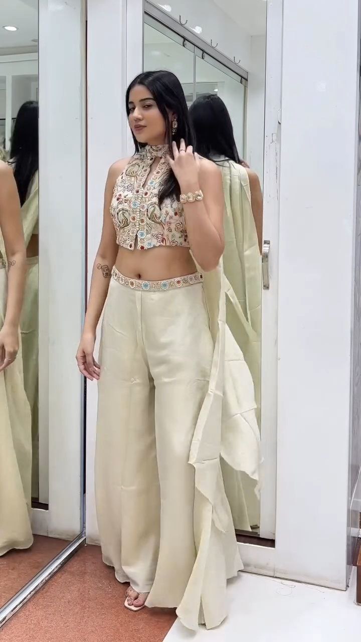 Ivory Embroidered Halter Neck Palazzo Set with Dupatta - Image 3