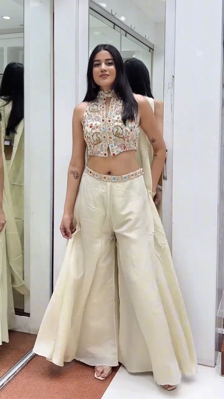 Ivory Embroidered Halter Neck Palazzo Set with Dupatta