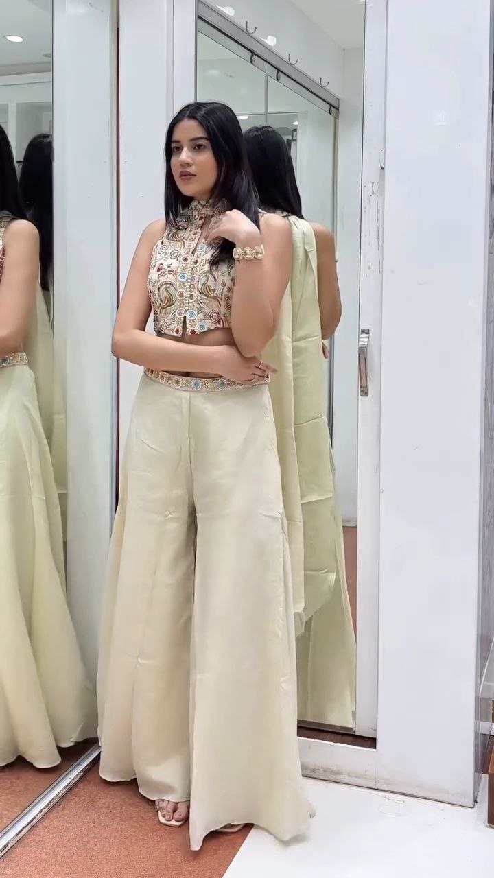 Ivory Embroidered Halter Neck Palazzo Set with Dupatta - Image 4