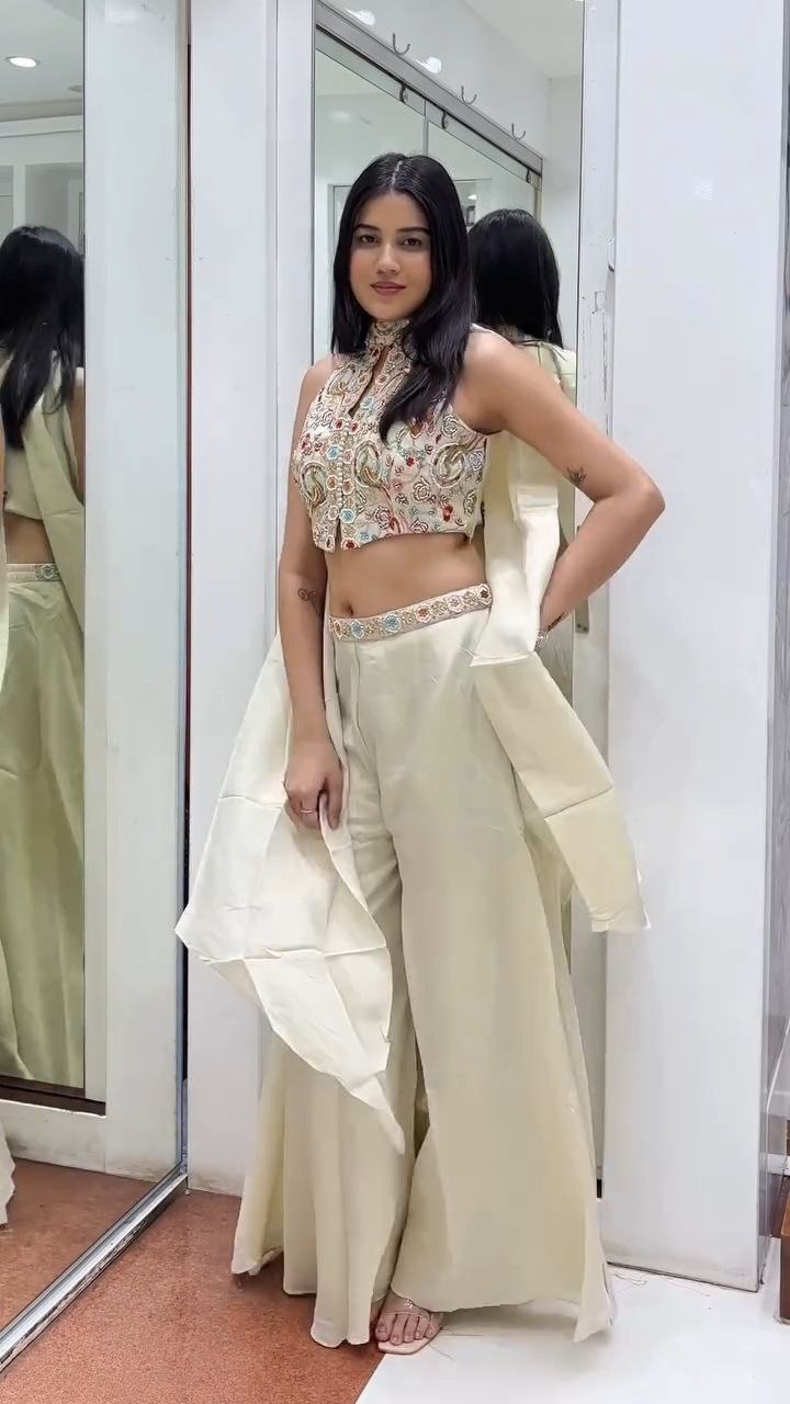 Ivory Embroidered Halter Neck Palazzo Set with Dupatta - Image 5