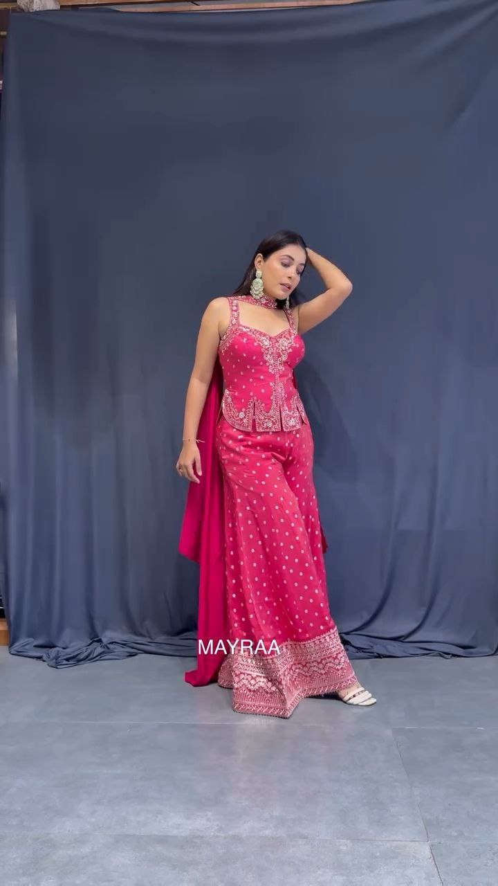 Hot Pink Embroidered Sharara Set with Dupatta - Image 2