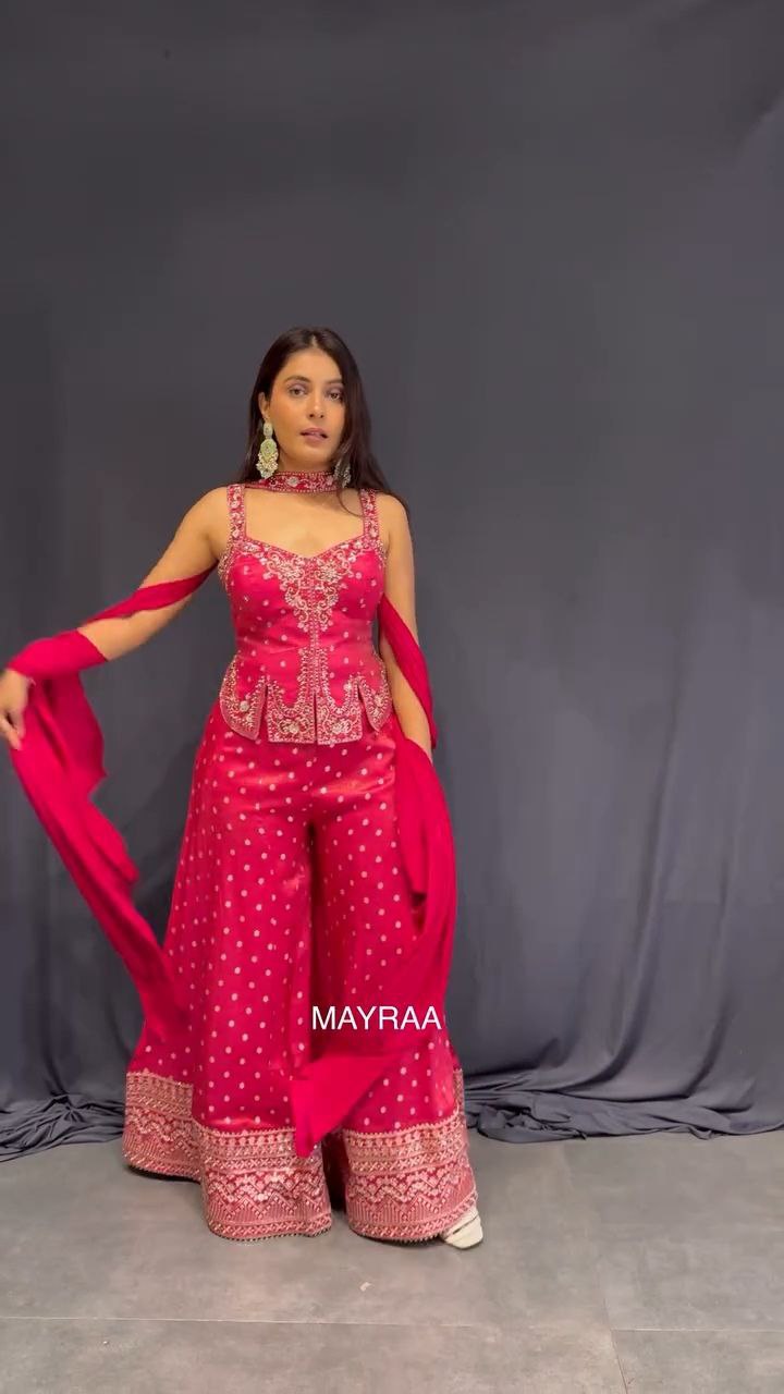 Hot Pink Embroidered Sharara Set with Dupatta - Image 4