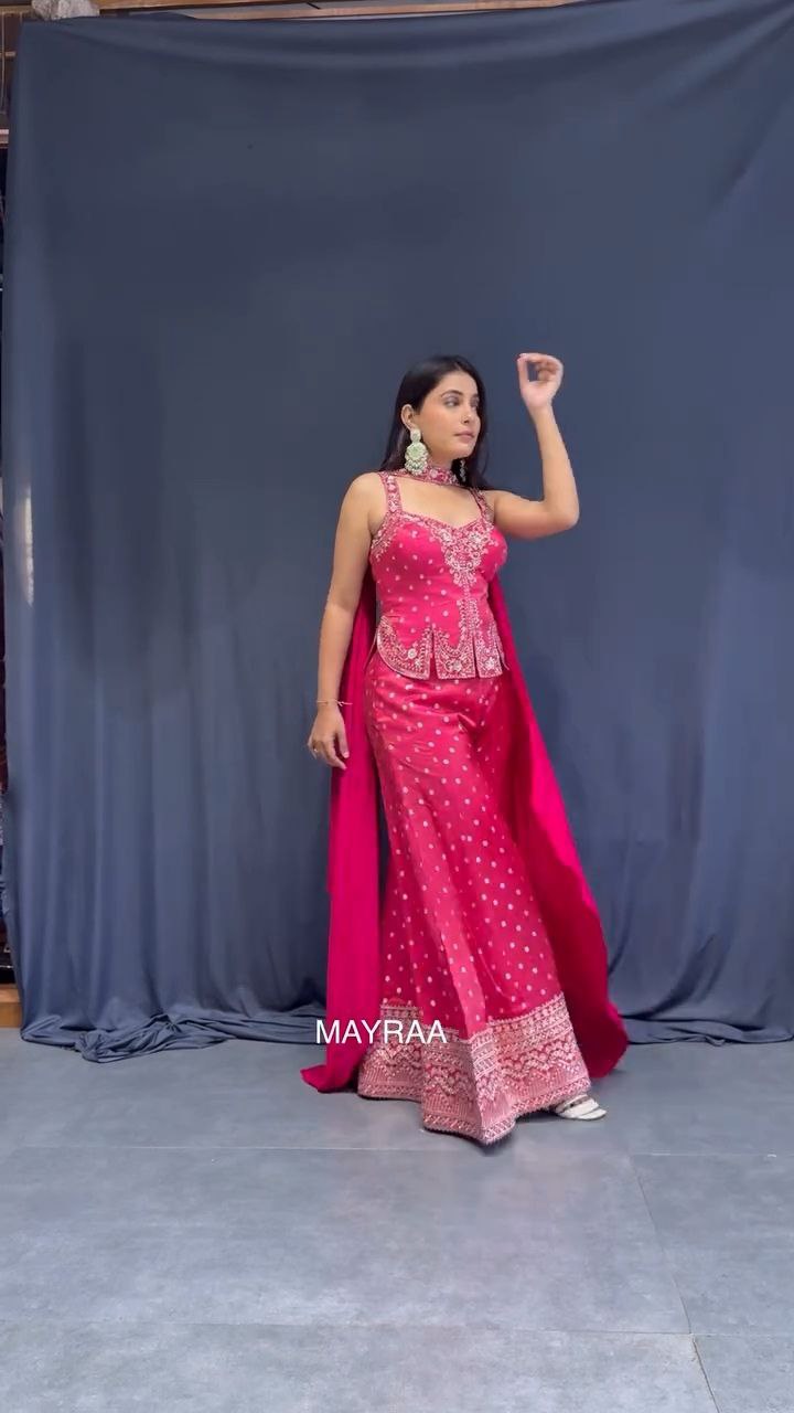 Hot Pink Embroidered Sharara Set with Dupatta - Image 5