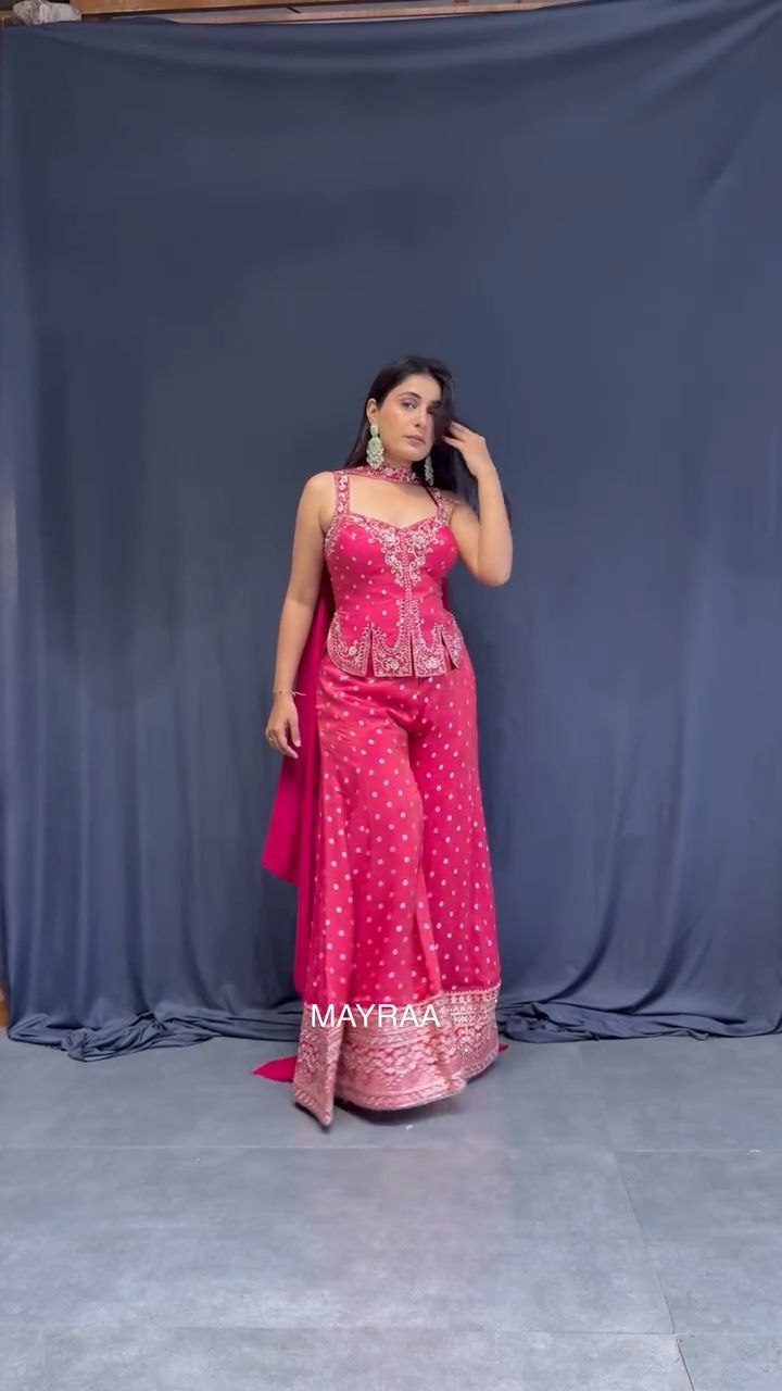 Hot Pink Embroidered Sharara Set with Dupatta - Image 6