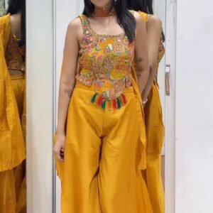 Mustard Yellow Embroidered Kurti Palazzo Set with Tassel Detail