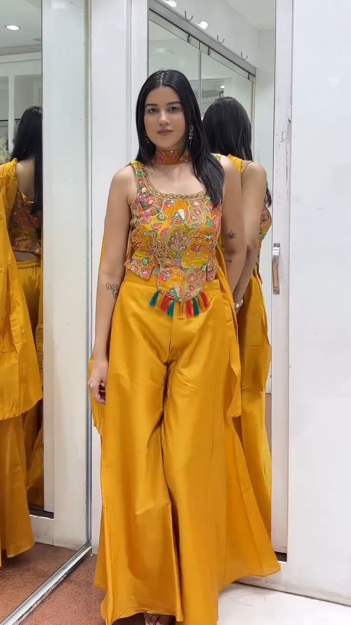 Mustard Yellow Embroidered Kurti Palazzo Set with Tassel Detail