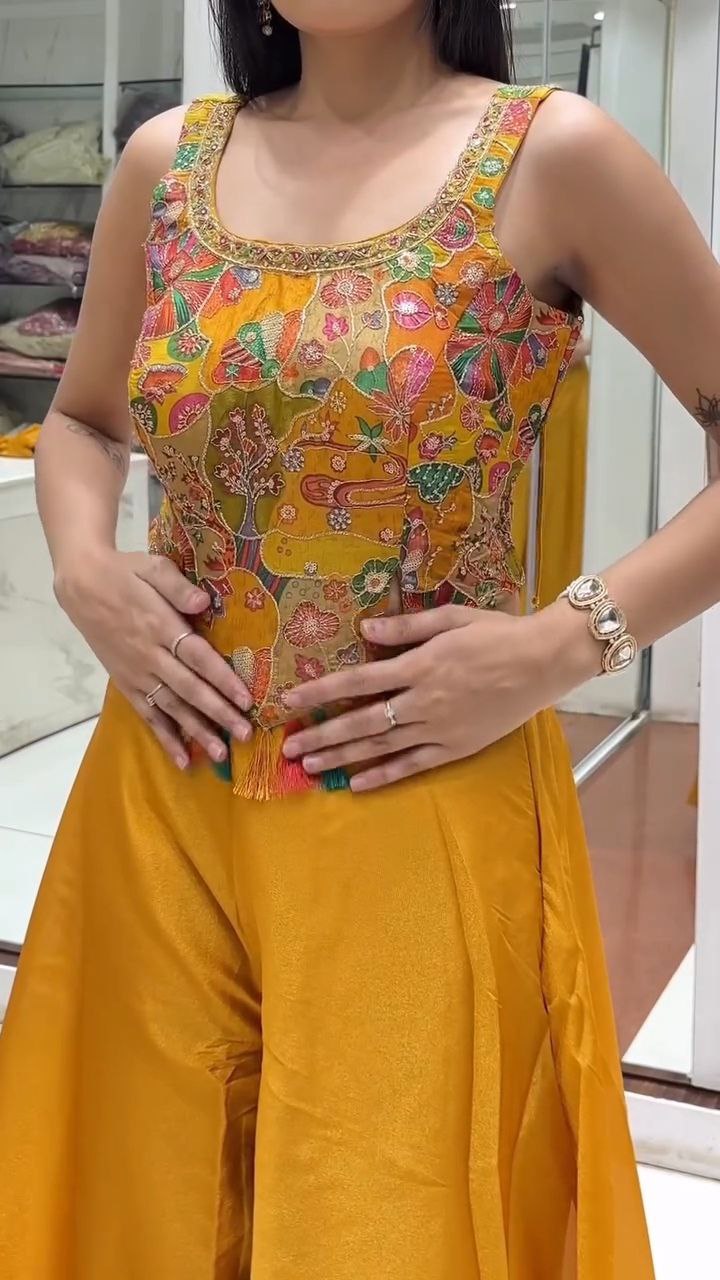 Mustard Yellow Embroidered Kurti Palazzo Set with Tassel Detail - Image 6