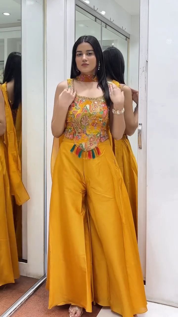 Mustard Yellow Embroidered Kurti Palazzo Set with Tassel Detail - Image 3