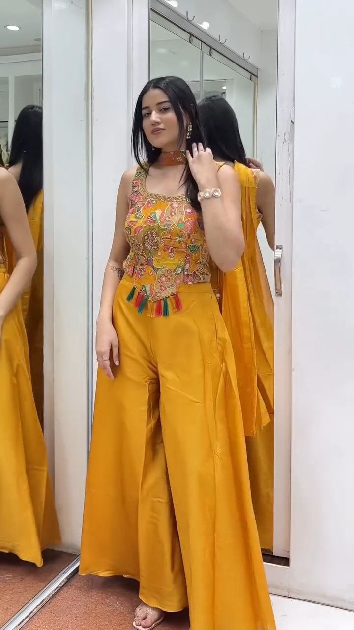 Mustard Yellow Embroidered Kurti Palazzo Set with Tassel Detail - Image 2