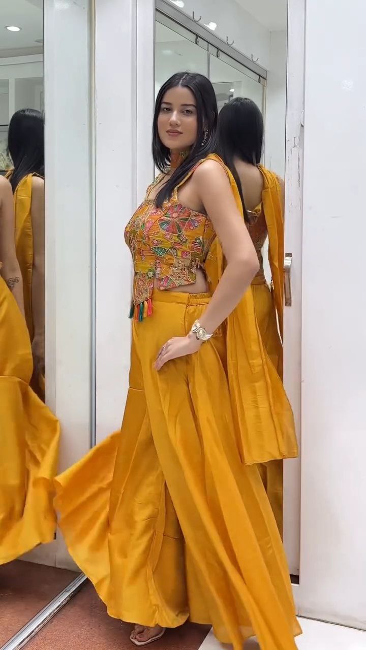 Mustard Yellow Embroidered Kurti Palazzo Set with Tassel Detail - Image 4