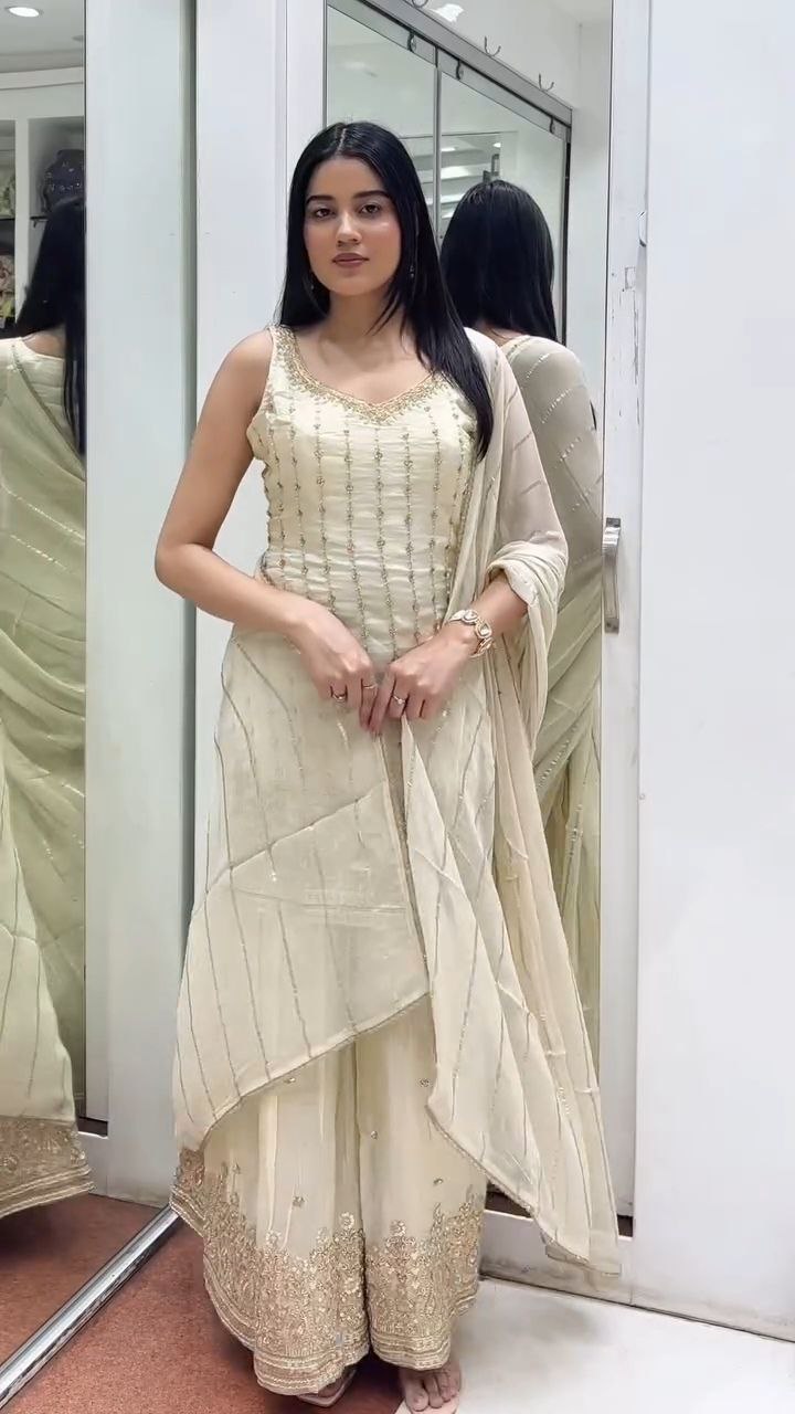 Ivory Embroidered Kurti Sharara Set with Dupatta - Image 4