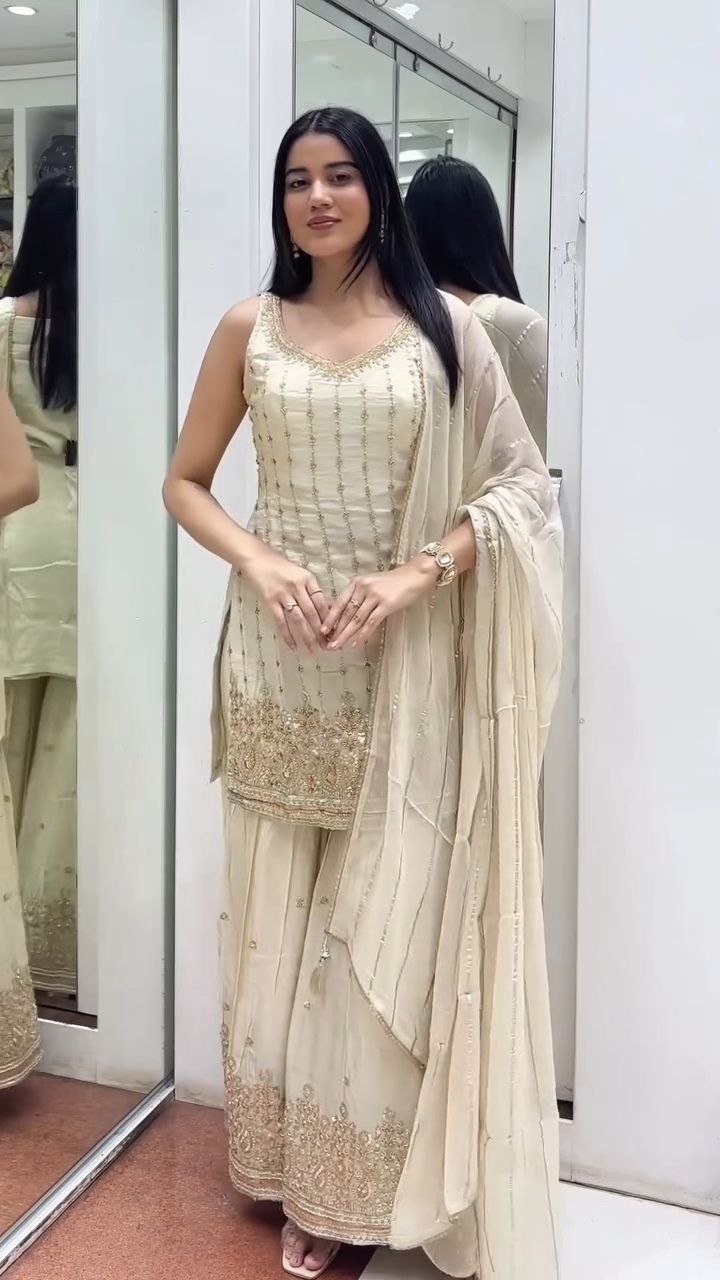 Ivory Embroidered Kurti Sharara Set with Dupatta - Image 6