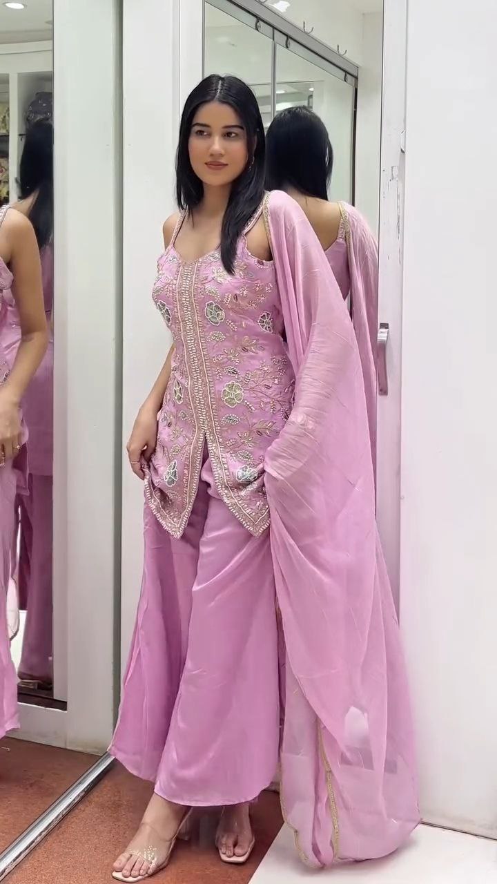 Blush Pink Embroidered Kurti Palazzo Set with Dupatta