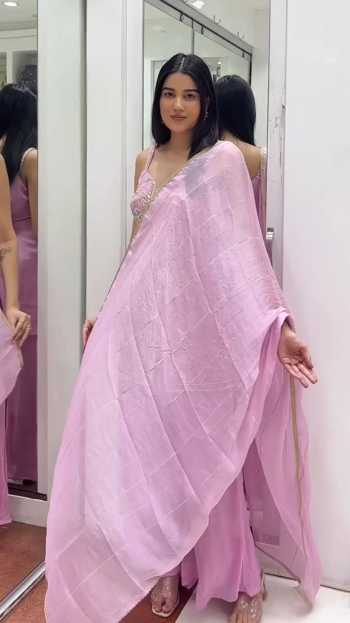 Blush Pink Embroidered Kurti Palazzo Set with Dupatta - Image 6