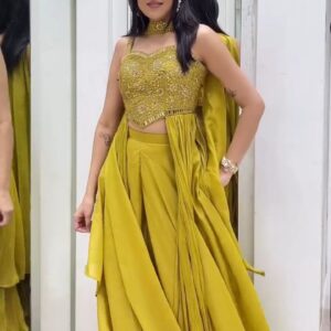 Mustard Yellow Embroidered Crop Top Palazzo Set with Cape Dupatta