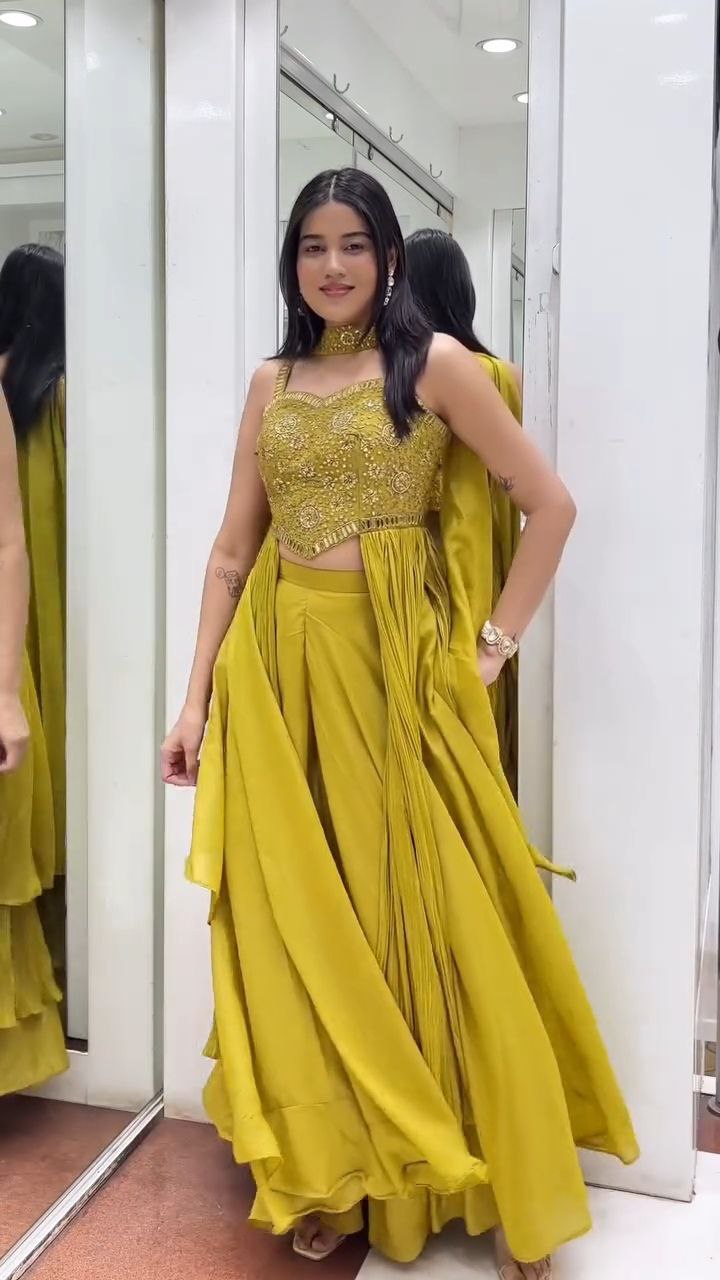 Mustard Yellow Embroidered Crop Top Palazzo Set with Cape Dupatta