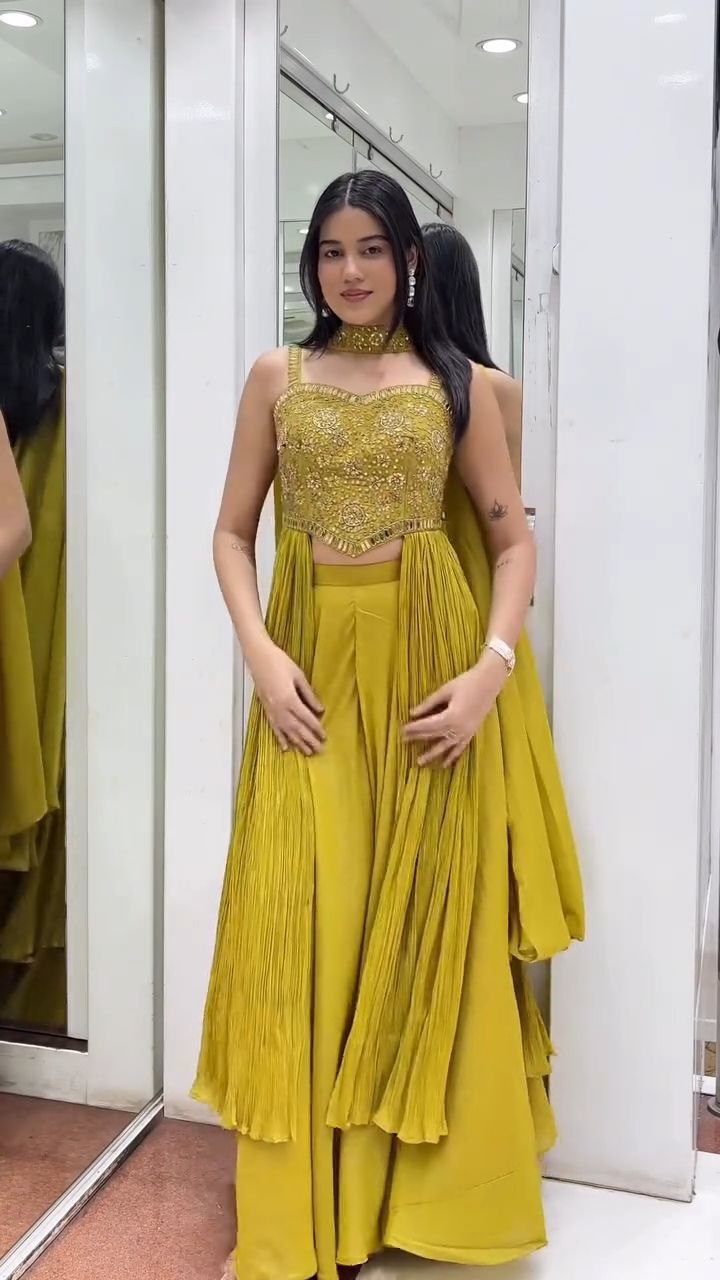 Mustard Yellow Embroidered Crop Top Palazzo Set with Cape Dupatta - Image 2