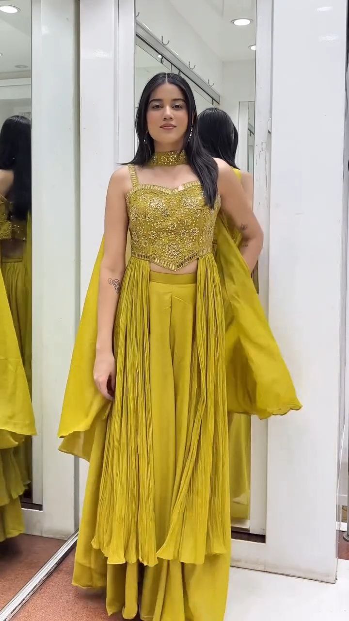 Mustard Yellow Embroidered Crop Top Palazzo Set with Cape Dupatta - Image 3